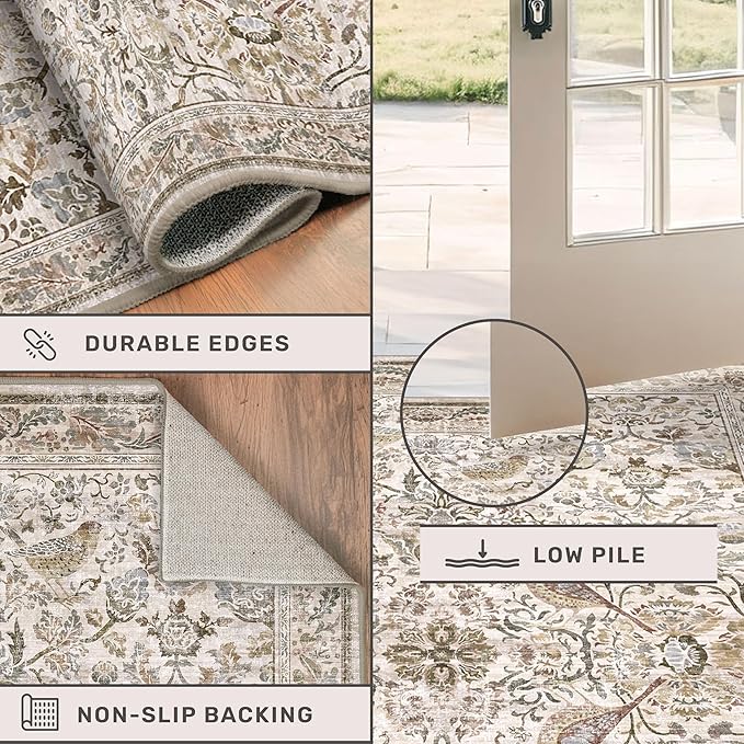 Boho 9x12 Large Area Rug for Living Room - Floral & Bird Soft Rugs for Bedroom,Non Slip Washable Carpet for Dining Room Under Table, Vintage Brown Taupe Indoor Décor, Low Pile Stain Resistant