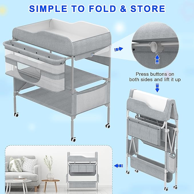 Portable Baby Changing Table, Foldable Changing Table Dresser Baby Changing Station, Height Adjustable Waterproof Diaper Changing Table Pad Topper, Newborn Nursery Organizer