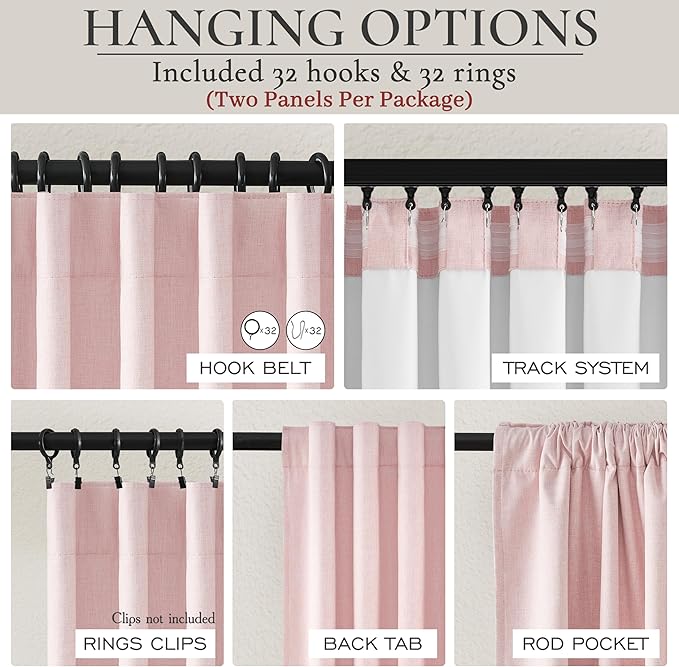 Extra Long Light Pink Blackout Drapes 108 Inches Long 2 Panels for Sliding Glass Door, Lush Decor Linen Blend Pleated Curtains Thermal Privacy Floor to Ceiling 50"W x 108"L Large Window Curtain 2 Burg