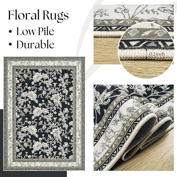 Black Boho Washable 3x8 Extra Long Hallway Runner Rug, Extra Large Kitchen Floor Rug Indoor Entryway, Non-Slip Low Pile Machine Washable, Vintage Farmhouse Cream Beige Taupe Pattern Floral Design