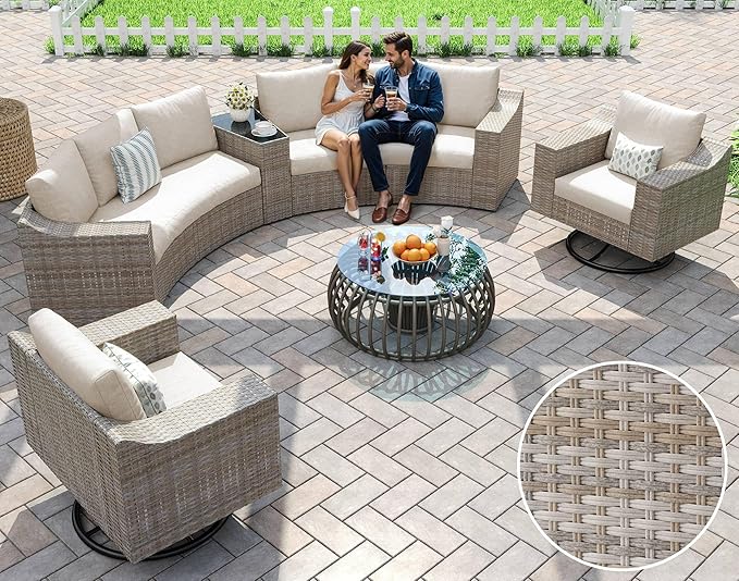 9-Piece Wicker Patio Furniture Set with Swivel Rocking Chairs, Curved Sectional Sofa with Storage Table, All-Weather Outdoor Conversation Set with 6" Armrests, for Backyard/Garden/Deck