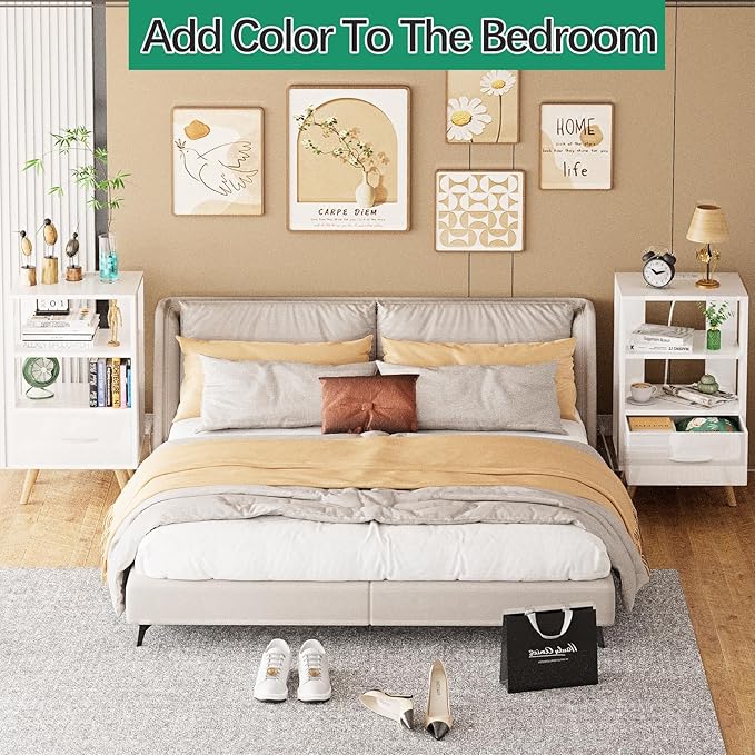 Night Stand with Charging Station, White Kids Nightstand with Drawer, 3-Tier Nursery Bedside Table with USB Ports and Outlets, End Table for Small Space, Living Room, Bedroom