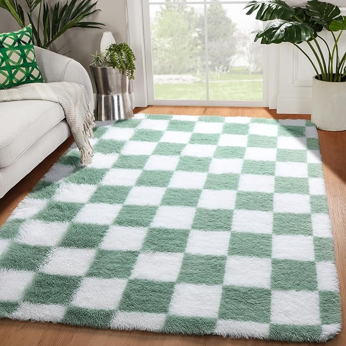 KICMOR 4x6 Rug for Bedroom Living Room, Fluffy Sage Green and White Checkered Area Rugs, Fuzzy Shag Shaggy Floor Carpet Soft Plush Checkerboard Rug for Children Kids Boys Room, Nursery, Classroom