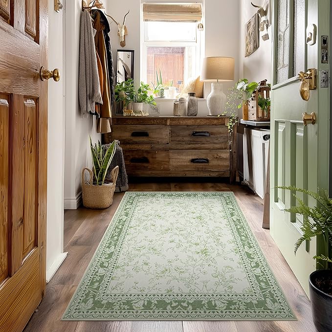 Green and Cream Area Rug 3x5 for Entryway Machine Washable Small Rug for Indoor Kitchen Bedroom Low Pile Vintage Peony Floral Print for Dining Living Room Non-Slip Sage Light Green Boho Decor