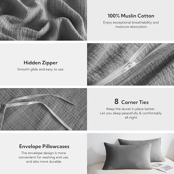 MILDLY Muslin Duvet Cover Full - 100% Washed Cotton Linen Like Gauze Comforter Cover 3 Pieces Breathable & Lightweight for All Season