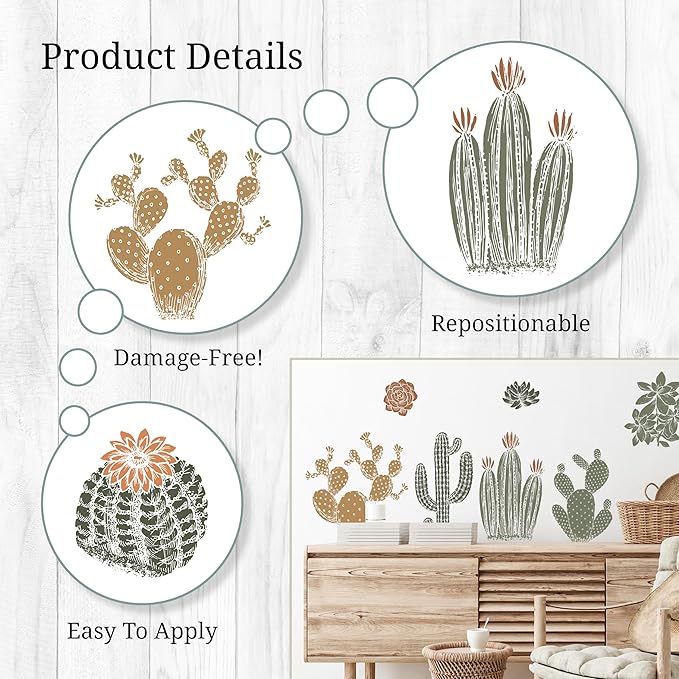 Cactus Wall Decals - Set of 15 Cacti Vinyl Room Decor Peel and Stick Removable Floral Stickers for Nursery Bedroom Bathroom