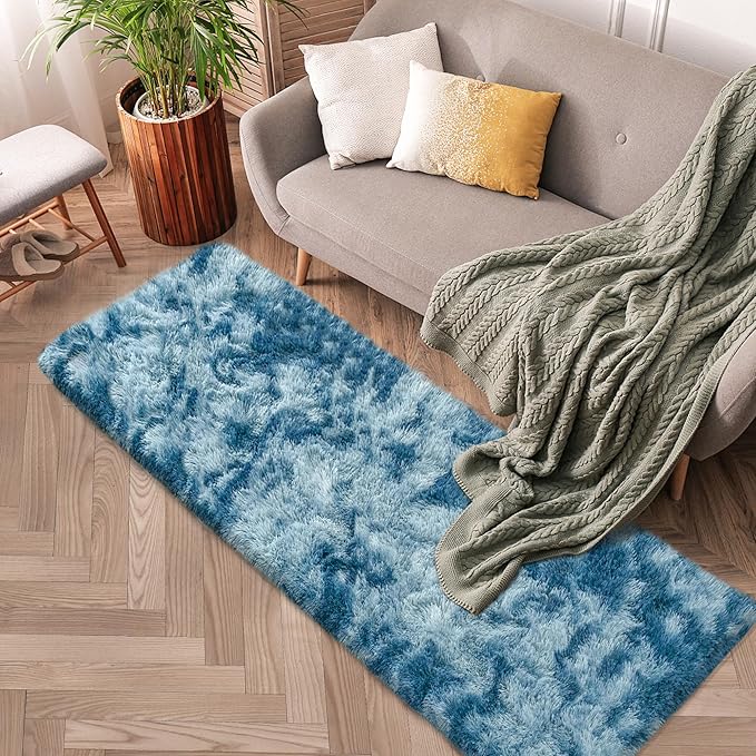 2x6 ft Soft Blue Runner Rugs for Bedroom Living Room Blue Fluffy Rug Plush Shag Carpet Non Slip Washable for Nursery Dorm Fuzzy Bedside Rug Runner for Kids Girls Room Home Decor