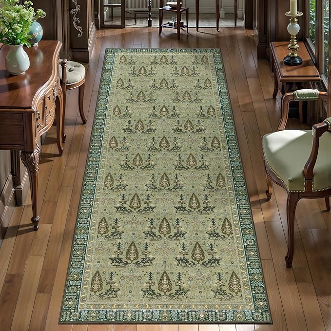 Tangsoo 2x6 Washable Runner Rug for Hallways, Non Slip Vintage Boho Green Floral Rug for Entryway Kitchen Laundry, Non Slip Soft Low Pile Indoor Rug for Bedroom Bathroom Beside