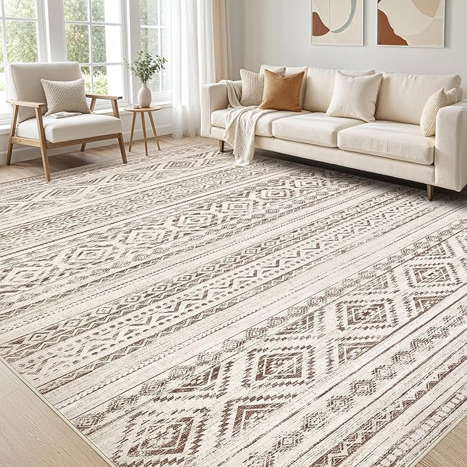 Area Rugs for Living Room Washable Living Room Rug Soft Neutral Indoor Floor Carpet Non-Slip Stain Resistant Modern Boho Rugs for Bedroom Dining Room Kids Room Nursery Office Home Dark Brown
