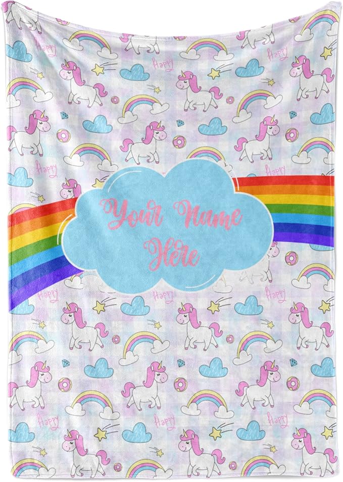 Personalized Rainbow Unicorn Throw Blanket for Girls and Boys with Custom Name, Cute Soft Bedding for Nursery Room or Tummy Play, Warm and Plush (Fleece 50x60)