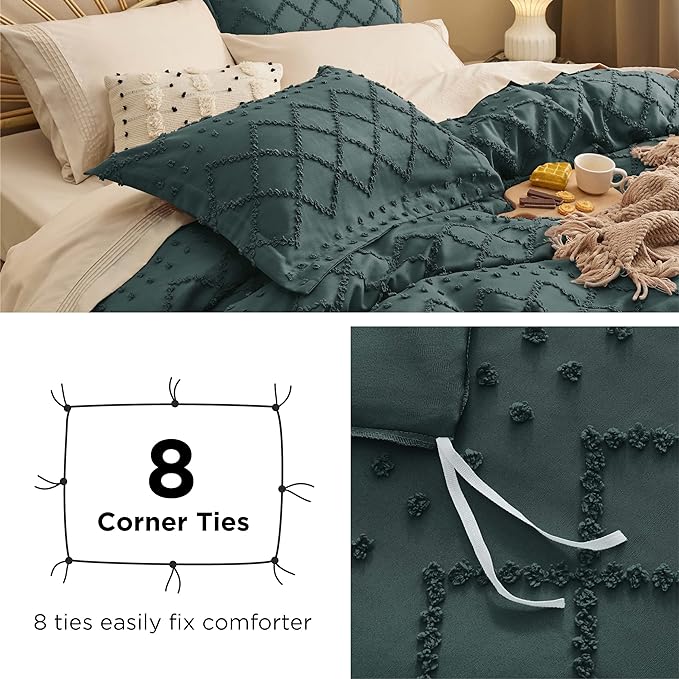 Bedsure Boho Duvet Cover Queen Size, Forest Green Breathable & Soft Boho Bedding, Machine Washable Comforter Cover for All Seasons, Includes 1 Duvet Cover 90"x90" with 2 Pillow Shams & Zipper Closure