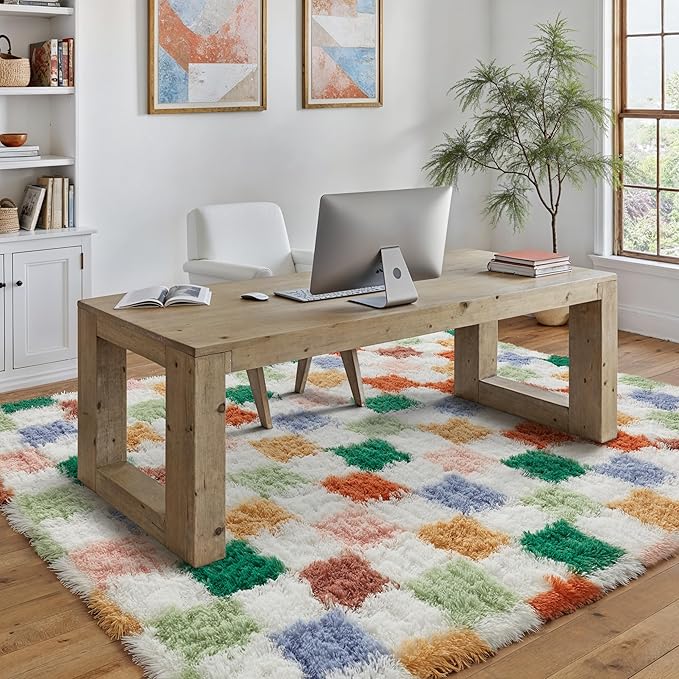 Checkered Rug 6x9 for Living Room, Modern Neutral Shag Rug Washable Non-Slip Large Area Rug Super Soft Indoor Fuzzy Carpet Fluffy Rugs for Bedroom Home Aesthetic Decor