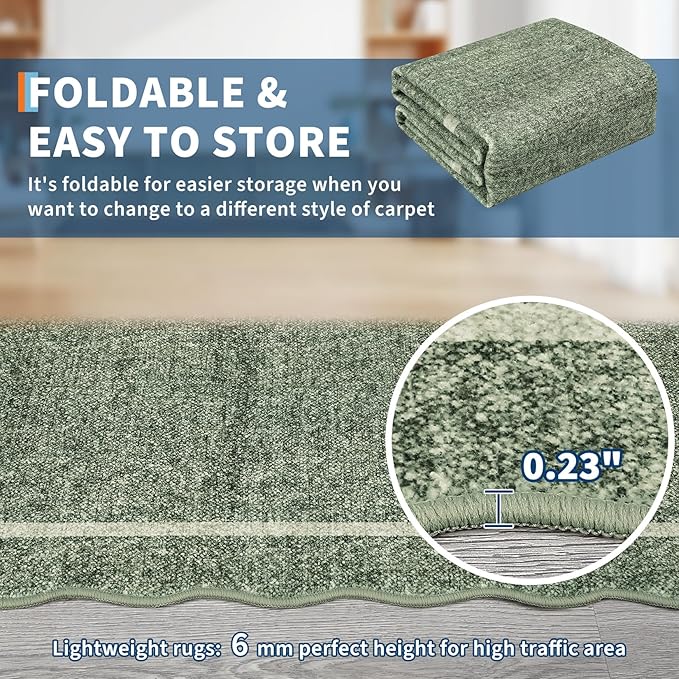 GarveeHome Scalloped Washable Rug 5x7 Area Rug for Living Room Modern Non Slip Throw Rugs Bedroom Rugs Low Pile Soft Non Shedding Stain Resistant Carpet for Dining Room Nursery 5'x7' Greyish Green