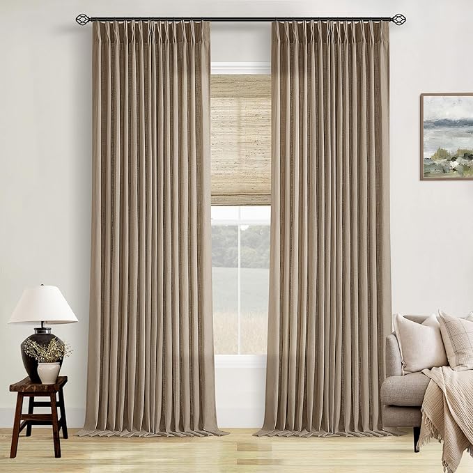Pleated Linen Curtains 96 Inches Long for Living Room 2 Panel Set Semi Sheer Light Filtering Pinch Pleat with Rings Hooks Drapes Boho Farmhouse Rustic Light Brown Tan Latte Curtain Bedroom Window