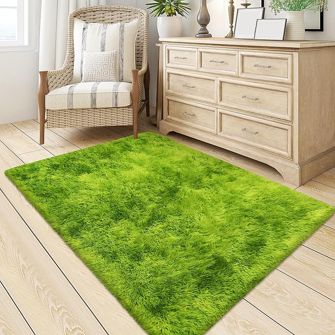 Tie Dyed Grass Green Rug 3x5 ft,Soft Plush Furry Shag Area Rugs Fluffy Fuzzy Carpet,for Bedroom Living Room Indoor Floor Rug Kids Girls Boys Home Decor Aesthetic, Dorm Nursery