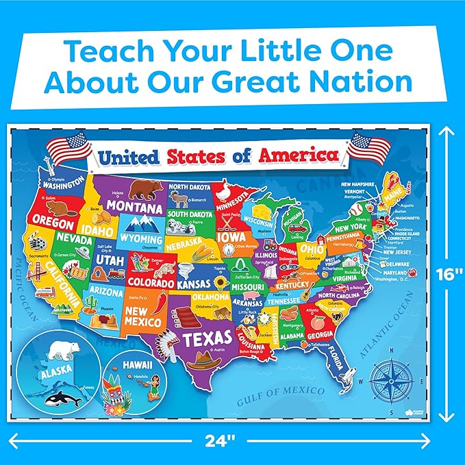 World Map Poster & Map of the United States for Kids - 2pc Set - 24” x 16” USA & World Map for Kids Waterproof Classroom Posters Must Haves - Classroom Decor Educational Posters for Toddlers 1-3