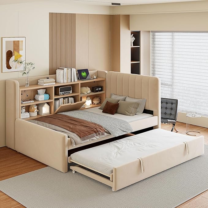 Twin Size Daybed with Trundle and Storage L-Shaped Bookshelf Headboard, Velvet Upholstered Soft Corner Bed with Charging Station and Shelves for Kids Boys Girls, Beige