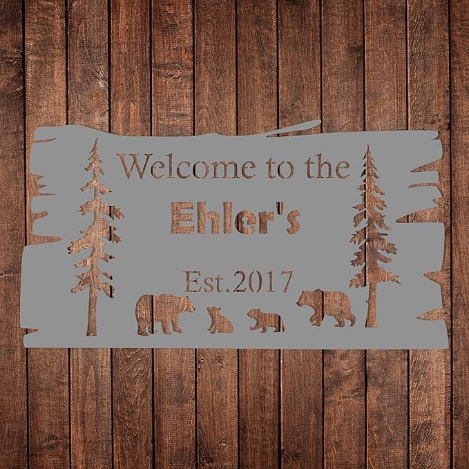 Custom Bear Metal Wall Sign, Personalized Cabin Sign, Bear Family In Woods Cabin Sign, Custom Family Name Bear Decor, Outdoor Metal Sign, Ranch Sign, Man Cave Decor