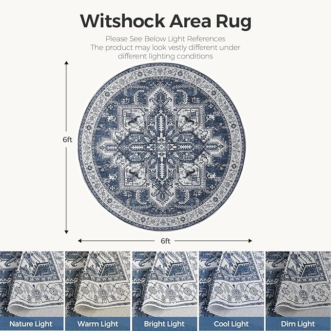 WITSHOCK 6Ft Blue Round Washable Area Rugs - Vintage Boho Distressed Oriental Farmhouse - Non Slip Low Pile Circle Carpet for Living Room Bedroom Kitchen Dining Room, Foldable Soft Pet Friendly Rug