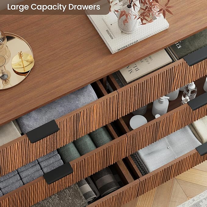 SUNWAVE 6 Drawer Dresser for Bedroom, 49.6" Wide Modern Fluted Dresser with Round Corner, Wood Chest of Drawers for Living Room