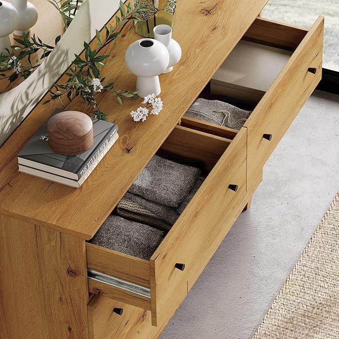 WAMPAT 12 Drawer Wood Dresser for Bedroom, 2-in-1 Extra Wide Chest of Drawers, Modern Storage Organizer Units with Solid Wood Legs for Closet, Living Room, Kids Room, Nursery, Oak Brown, 94.4"