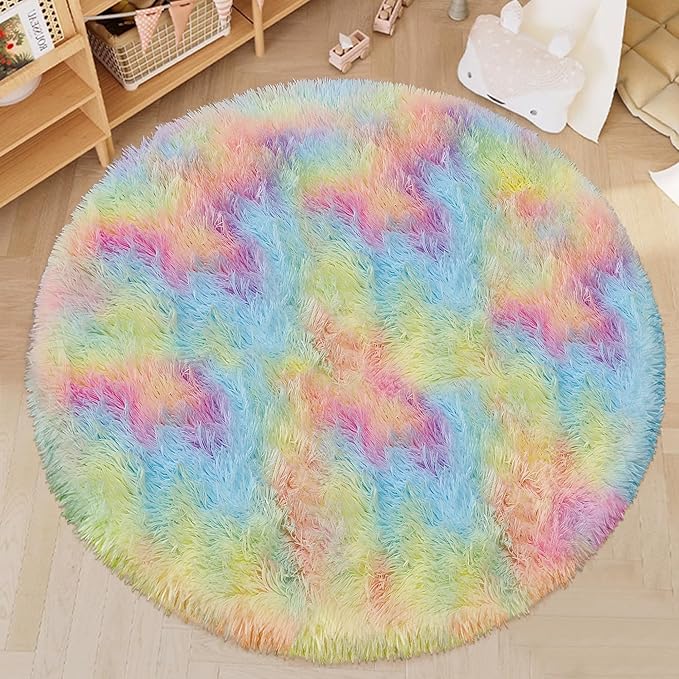 Rainbow Round Rug 5Ft,Colorful Rug for Room Decor and Girls Bedroom,Fuzzy Circle Area Rugs for Dorms Nursery Rooms Kids Unicorn Room Decor Aesthetic Kids Play Mat