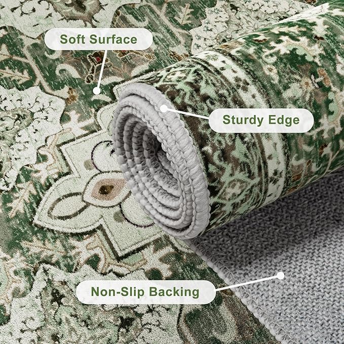 AMTOVO Area Rugs 5'x7' Washable Non-Slip, Vintage Boho Distressed Print Pattern Rugs for Living Room, Soft Low Pile Carpet for Bedroom Indoor Playroom Nursery Farmhouse Girls Room, Dark Green
