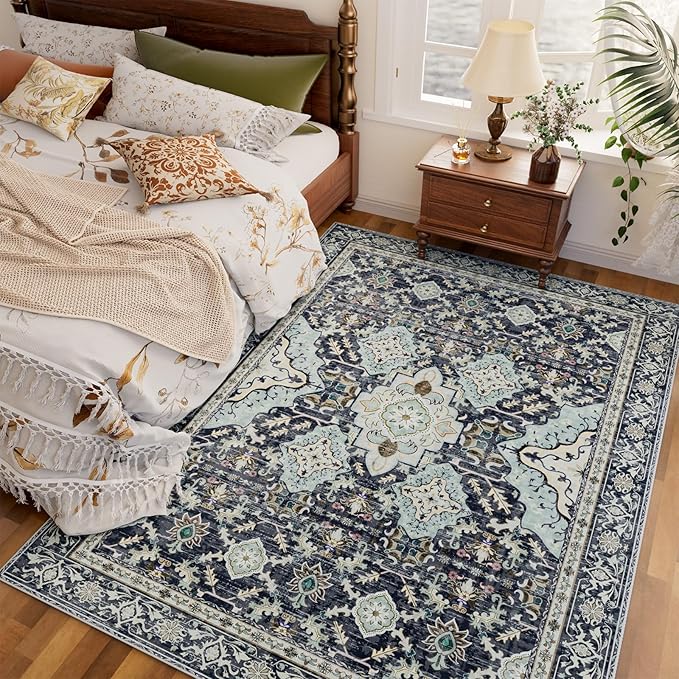 AMTOVO Area Rugs 5'x7' Washable Non-Slip, Vintage Boho Distressed Print Pattern Rugs for Living Room, Soft Low Pile Carpet for Bedroom Indoor Playroom Nursery Farmhouse Girls Room, Grayish Blue