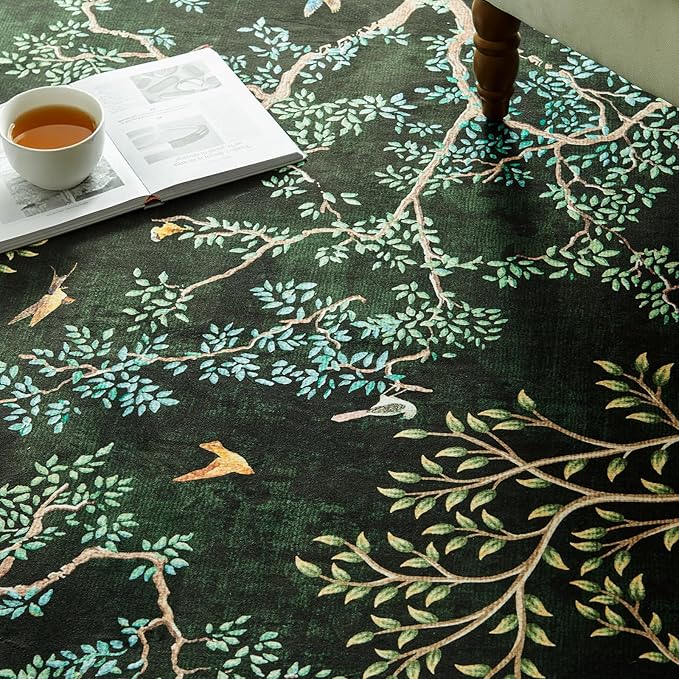 jinchan Yarden Moss Green Botanical Birds 3x10 Christmas Runner Rug for Hallway - Washable Non-Slip Soft Nature Plants Modern Runner Carpet,Vintage Low Pile Rug for Entryway Living Room Kitchen