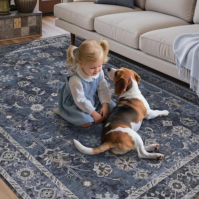 Tangsoo 8x10 Large Area Rug for Living Room, Non Slip Machine Washable Rug for Bedroom, Boho Distressed Vintage Blue Floral Rugs, Soft Indoor Floor Carpet Mat for Office Kitchen Farmhouse Home Decor
