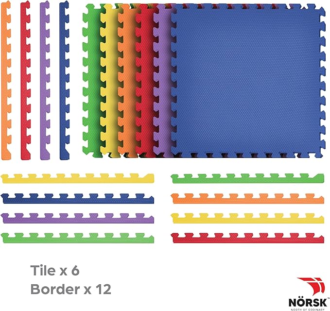 Norsk Kids Puzzle Play Mats Interlocking EVA Foam Floor Tiles Solid Color, 24 Tiles - 96 Sq. Ft., 1/2" Thick, Rainbow Pack