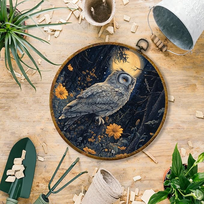 Hiuwevt Moonlight Floral Owl Round Wall Art Decor, Dark Academia Cottagecore Framed Canvas Prints, Whimsical Gothic Owl Round Wall Hanging Decor for Office Home Room Decorations, 10x10 Inches