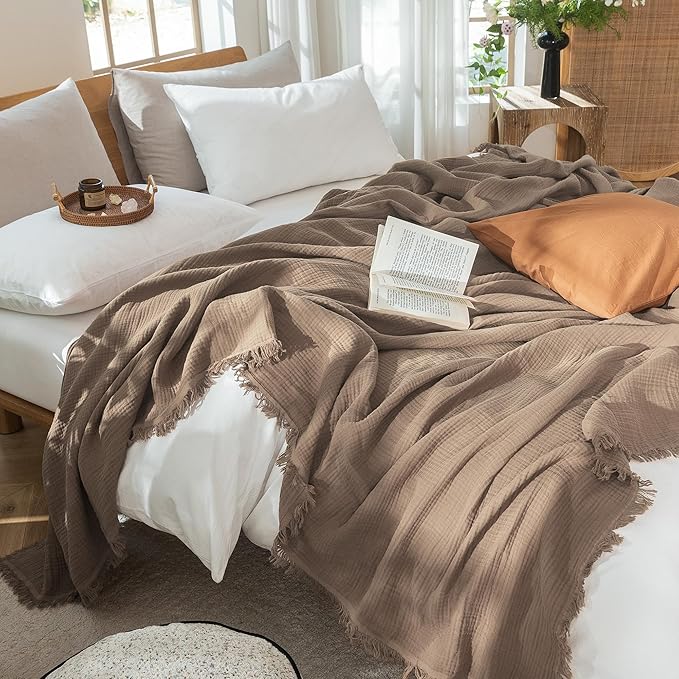 MooMee Muslin Blanket - 100% Cotton 4-Layer Gauze Throw Blanket with Tassels Ultra-Soft Breathable Lightweight Cooling for Bed Couch (Brown,Throw 60" x 50")