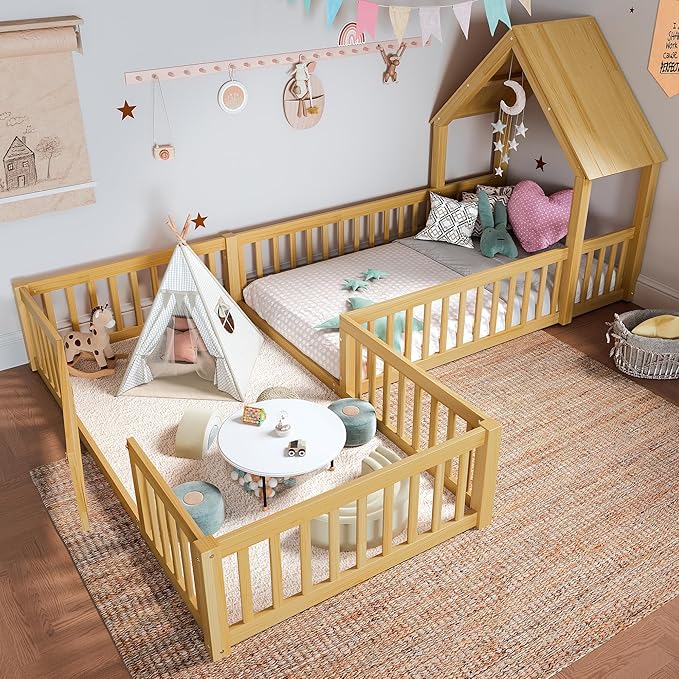 Harper & Bright Designs Twin Size House Shaped Double Floor Bed with Door and Full-Length Guardrails, Solid Wood Kids Montessori Floor Bed for Girls Boys, Multi-Function, Natural