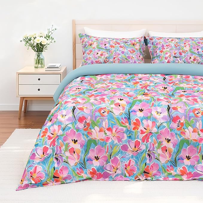 3 PCS Spring Multi Pink Meadow Duvet Cover Queen Size, Washed Fiber Floral Botanical Pattern Bedding Set, Cozy Soft Breathable Quilt Cover, Zipper + 8 Corner Ties + 2 Pillow Shams, Without Comforter