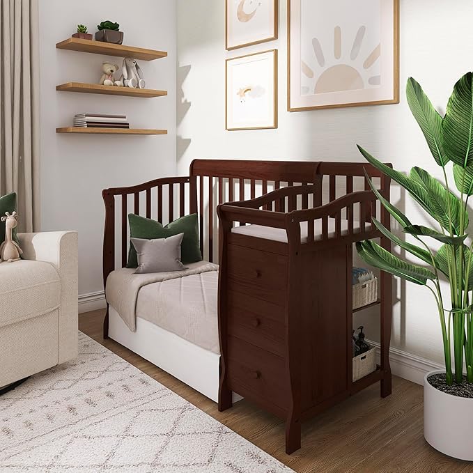 Dream On Me Jayden 4-in-1 Mini Convertible Crib And Changer in Espresso, Greenguard Gold Certified, Non-Toxic Finish, New Zealand Pinewood, 1" Mattress Pad