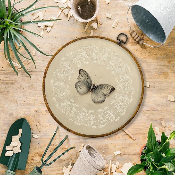 Hiuwevt Vintage Butterfly Round Wall Art Decor, Neutral Moody Butterfly Botanical Framed Canvas Prints, Retro Moth Round Wall Hanging Decor for Home Bedroom Living Room Decorations, 10x10 Inches