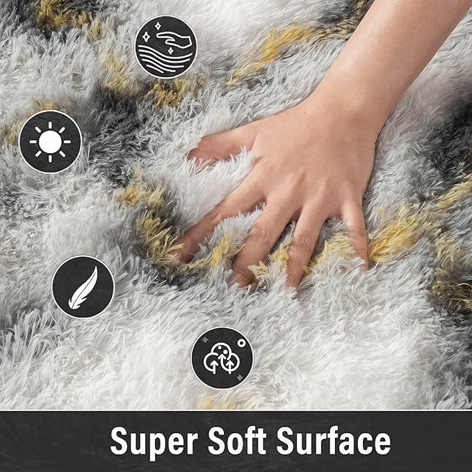 Meralax Tie-Dyed Gold and White Rugs for Living Room Bedroom, 4x6 Soft Area Rug Fluffy Shaggy Bedside Rug, Machine Washable Indoor Floor Carpet for Kids, Dorms, Nursery Rooms, Home Decor Aesthetic