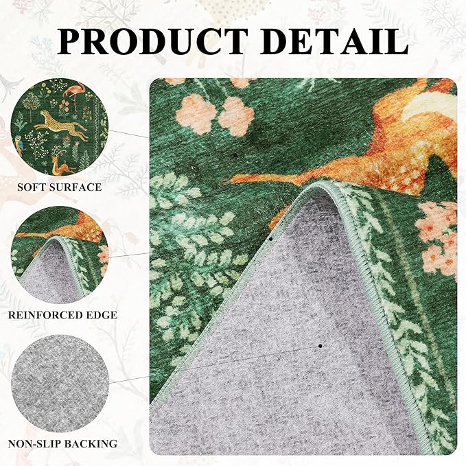DUKINO 9x12 Rug, Washable Animal Living Room Rug with Non Slip Vintage Design, Soft Low Pile Large Carpet for Bedroom, Nursery, Dining Room, Farmhouse, Playroom, Green