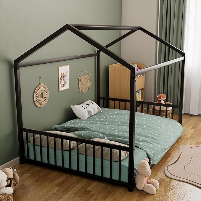 Merax Full Floor Bed Frame, Montessori Style Metal House Shaped Kids Bed with Vertical Safety Guardrails, No Slats, Grounded Design for Kids and Toddlers, Easy Assembly, Black