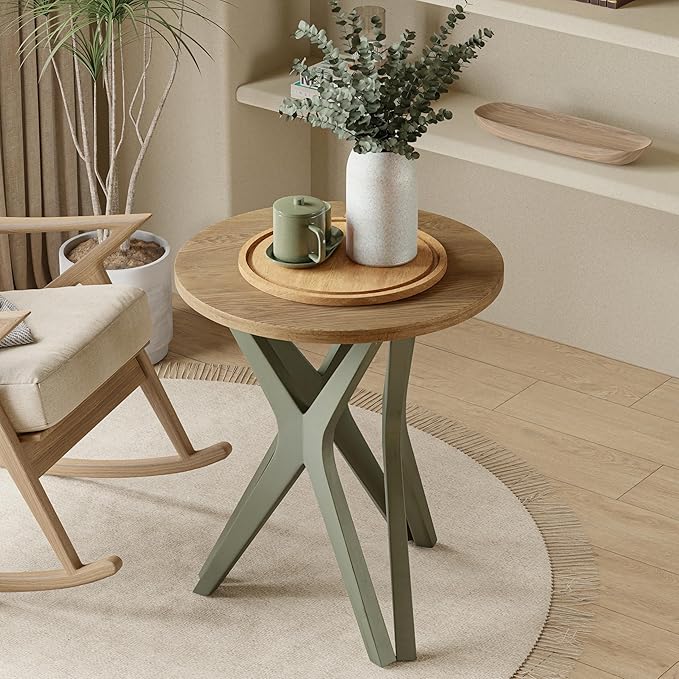 LONYKE Pedestal Farmhouse End Table Set of 2, Distressed Top with Tripod Base Bedside Table for Living Room, Modern, Boho, Round, Sage Green