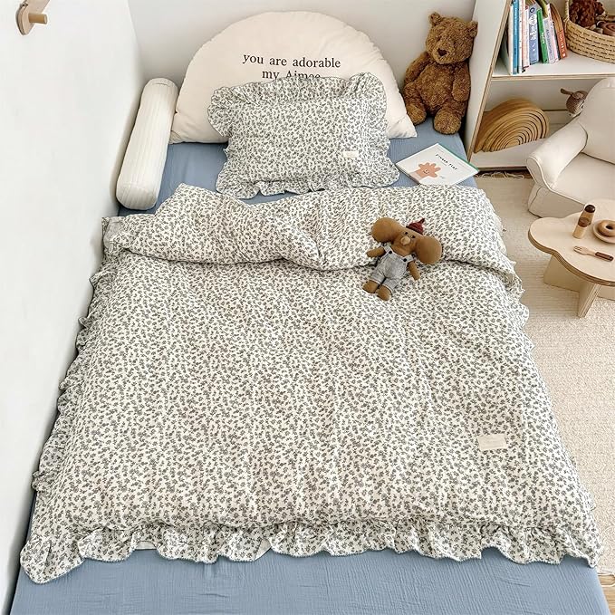 AOJIM Blue Floral Muslin Cotton Kids Duvet Cover 1Piece, Super Soft Breathable Toddler Comforter Cover 47X59 inches, Vintage Bed Decor Durable Boys Girls Duvet Cover with Ruffle Design, No Pillowcase