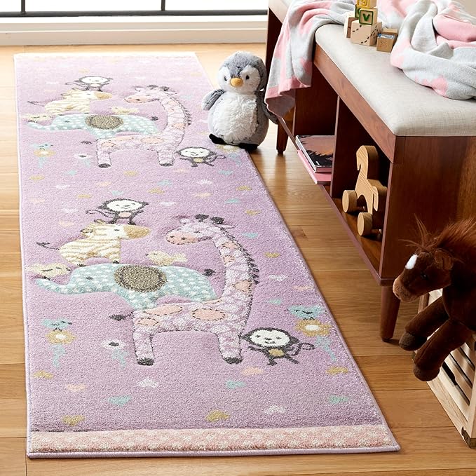 SAFAVIEH Carousel Kids Collection Runner Rug - 2' x 8', Purple, Animal Design, Easy Care & Non-Shedding, Ideal for High Traffic Areas for Boys & Girls in Playroom, Nursery (CRK120V-28)