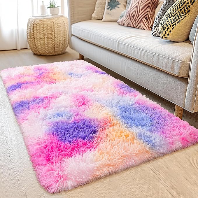 Rainbow Rug - 2x6' Runner Non-Slip Height Pile 1.4" Plush Rug Rubber Back - Throw Carpets for Bedroom - Multicolor
