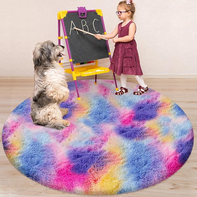 5 ft Soft Rainbow Rug for Girls Room, Fluffy Shaggy Princess Circular Big Rug Colorful Carpet for Kids Teens Toddler Playroom Nursery Reading Nook, Home Decor，Hot Pink