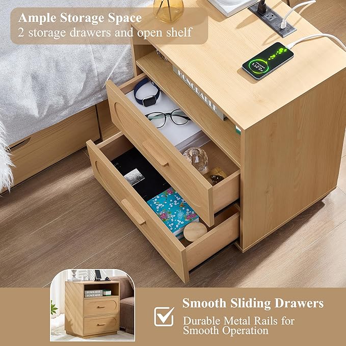 Nightstand Set of 2 with Charging Station, End Table with 2 Drawers Storage, Space-Saving Wood Storage Cabinet with Unique Base Design, Bedside Table for Bedroom, Living Room