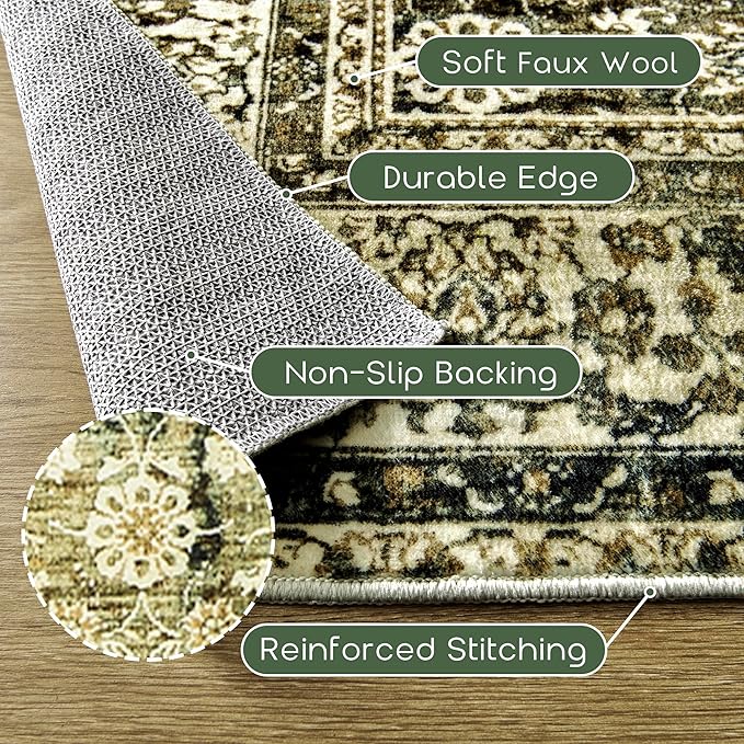 Large Boho Area Rugs 8x10 for Living Room,Low Pile Stain Resistant Neutral Vintage Faux Wool Machine Washable Rugs Carpet for Bedroom Dining Room,Olive Green and Cream
