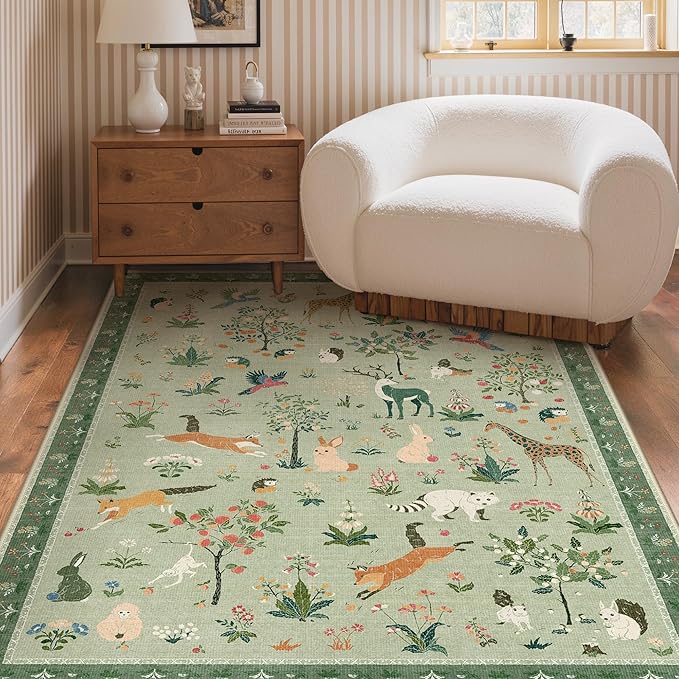 Rugs for Living Room 5x7 Floral Animal Print Area Rug Machine Washable Rug, Non Slip Low Pile Carpet for Bedroom, Entryway, Light Green