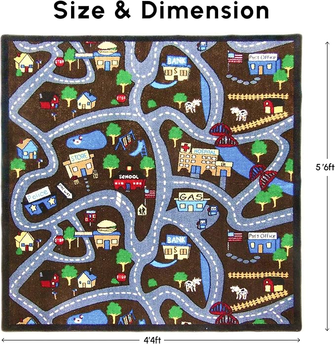 SAFECASTLE Kids Carpet Country Roads Rug 4'4" x 5'6" Educational Road & Street Play Mat with Buildings and Landmarks Learning & Activity Rug for Kids, Toddlers, Nursery, Classroom, Playroom & Daycare