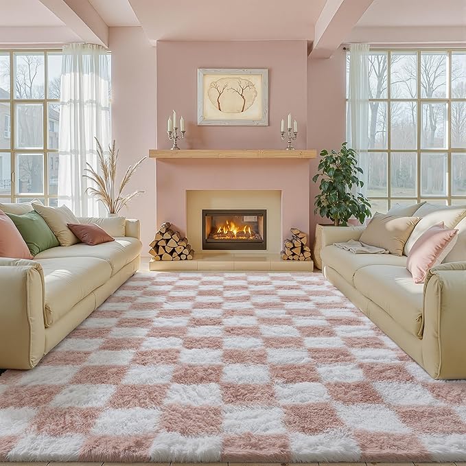 Checkered Rug 9x12 for Living Room, Pink and White Modern Shag Rug Washable Non-Slip Large Area Rug Super Soft Indoor Fuzzy Carpet Fluffy Rugs for Bedroom Home Aesthetic Decor